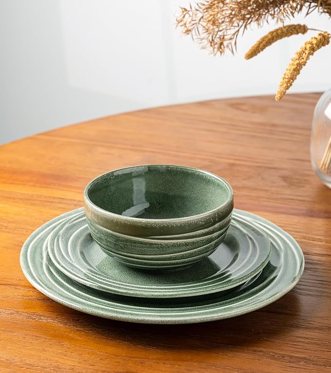 GBHOME Ceramic Dinnerware Sets12 pcs Embossed Elegant Stoneware Plates and Bowls Sets Housewarming Wedding Gift | Dishwasher &amp Microwave Safe | Dishes Set Service for 4