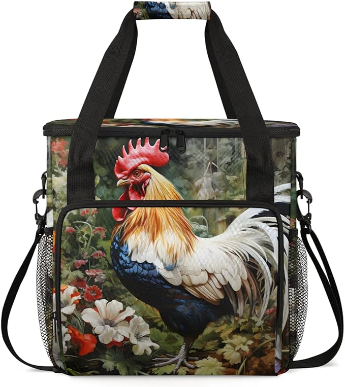 Beautiful Rooster Flower Coffee Maker Travel Bag for Keurig K-Mini/K-Mini Plus Insulated Waterproof Tote with Pockets for K-Cup Portable Single-Serve Brewer Case