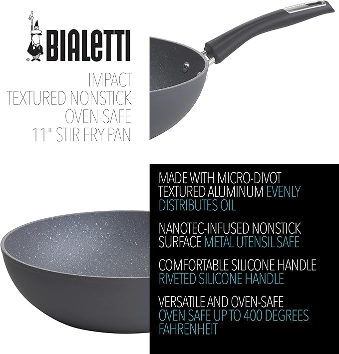 Bialetti Impact Textured Nonstick Oven-Safe 11in Stir Fry Pan Gray