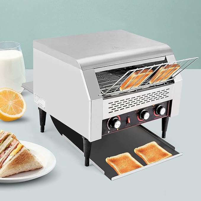 Commercial Conveyor Toaster 150/450 Slices/Hour Stainless Steel Heavy Duty Industrial Toasters 1300w/2600w Countertop Bread Toaster for Baked Food (TT-450)