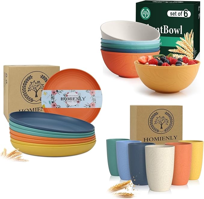Homienly 20 PCS Premium Wheat Straw Dinnerware Sets Reusable Cups Plates and Bowls Sets for Kitchen Lightweight and Unbreakable Dishwasher and Microwave Safe Dishes Set - Multi