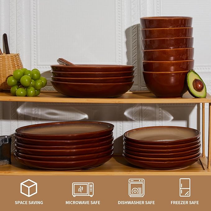 24 Piece Dinnerware Sets for 8 Modern Stoneware Plates and Bowls Sets Perfect for Family Gatherings &amp Holiday Celebrations Easy Cleaning Dish Set Stack Compactly Dinner Set Brown Yellow