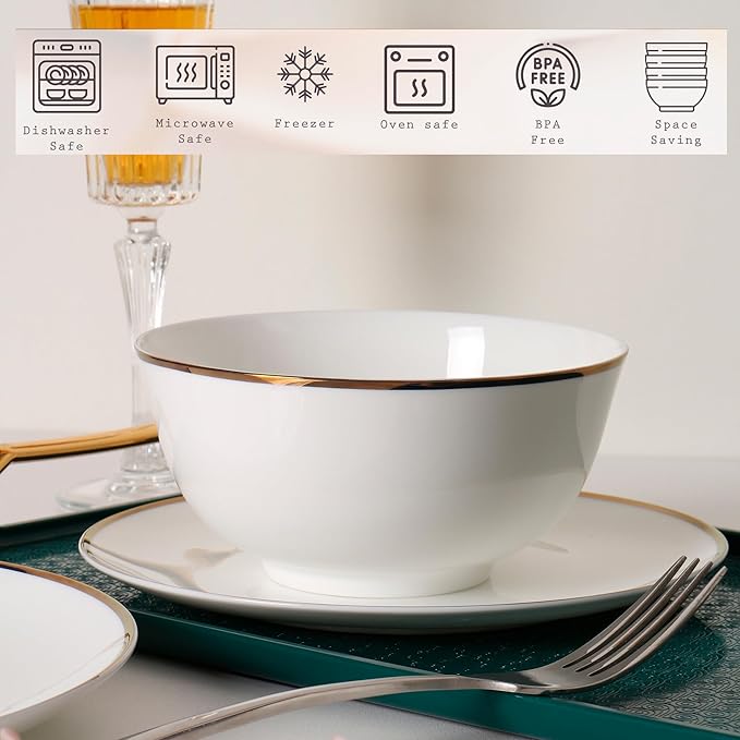 Bone China Dinnerware Set for 4 16 Pc Round Dinner Set with Mugs - Porcelain and Microwave Safe - KOKEN