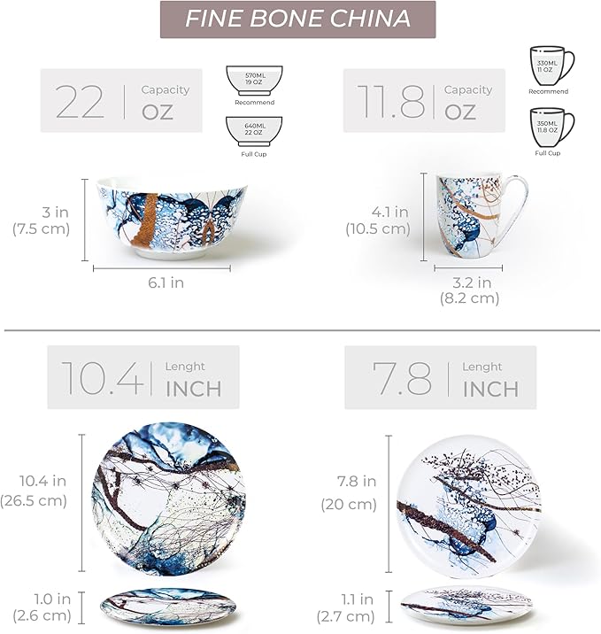 KOKEN - Ocean Blue 16 Piece Dinnerware Set (Service for 4) fine bone china - Dish Plates and Bowls Sets Service for 4 Dinner Salad Dessert Plates and Cereal Bowls Set Blue - Microwave safe
