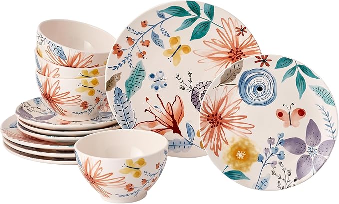 Bico Blossom Symphony Ceramic 12 pcs Dinnerware Set Service for 4 Inclusive of 11 inch Dinner Plates 8.75 inch Salad Plates and 29oz Cereal Bowls for Party Microwave &amp Dishwasher Safe