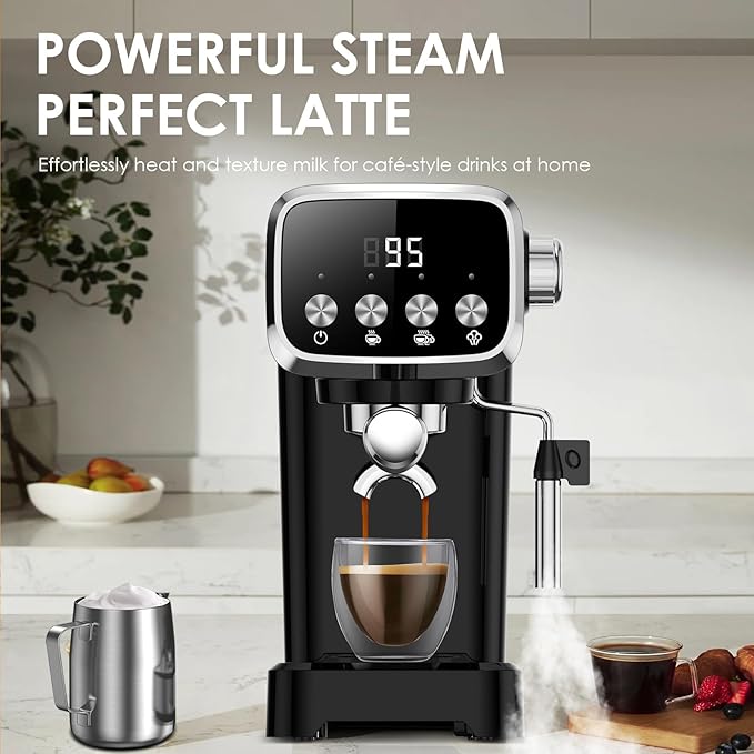 Slim Design 20 Bar Espresso Machine with Milk Frother Digital Temperature Display &amp 43oz Removable Tank Compact Home Coffee Maker (Buttons)