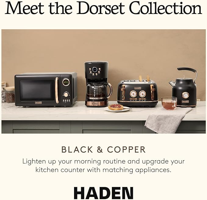 Haden Dorset 4 Slice Wide Slot Stainless Steel Toaster with Adjustable Browning Control &amp Non-Slip Feet Black &amp Copper
