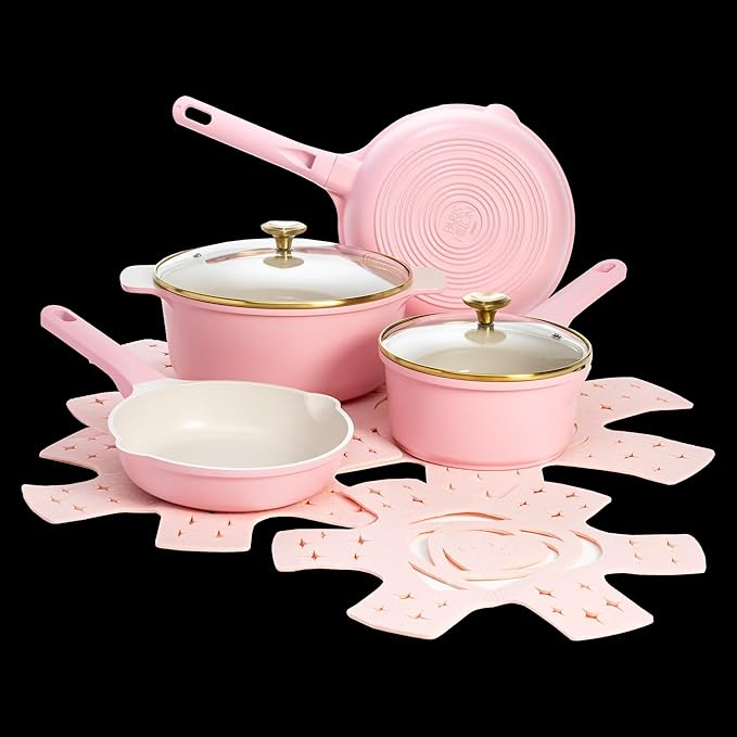 Clean Ceramic Cookware 10-Piece Set with Fry Pans Saucepan Dutch Oven Easy-Release Coating &amp Stack Protectors Tempered Lids Pan Protectors