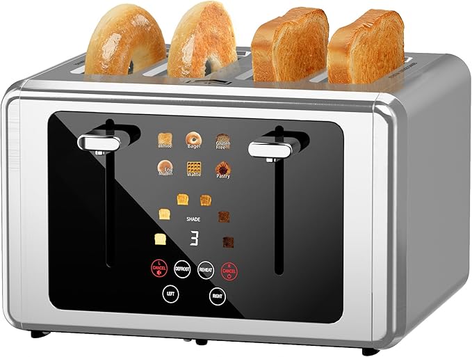 4 Slice ToasterTouchscreen &amp Dual Independent Control Panel5 Basic Functions &amp Digital Countdown Toasters6 Shade Settings＆6 Bread TypesSmart Bread Maker Mute/Screen-Off Silver