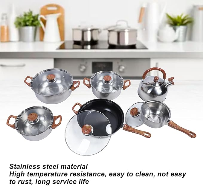 FLEXMAN Stainless Steel Cookware Set Multifunctional Wood Grain Kitchen Cooking Set with Kettle Kitchen Cookware Pots Pans Set Cookware Set