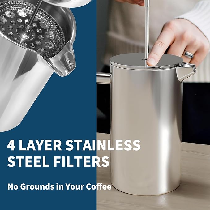 MERMOO YILAN French Press 34oz Insulated Stainless Steel Coffee Maker Unbreakable Coffee Press Easy to Clean for Home Camping Travel (Silver)