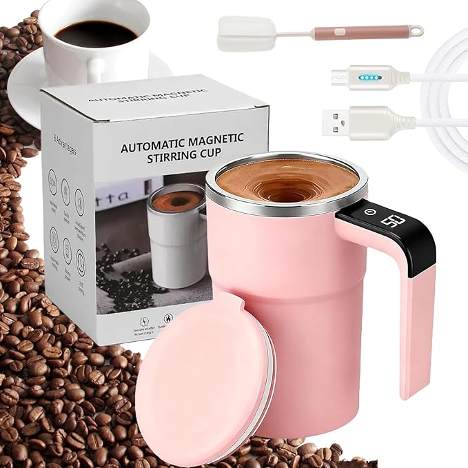 2026 New Electric Coffee Mug With a Built-In Lcd ThermometerUpgraded Automatic Magnetic Stirring Coffee MugMagnetic Self Stirring CupPerfect For Brewing Coffees Milk Cocoa Etc. (Pink)