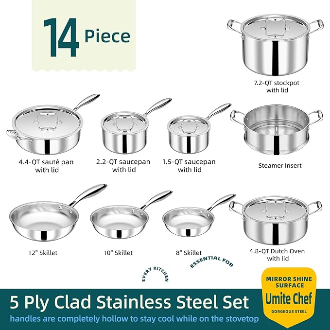 Umite Chef Stainless Steel Cookware Set 5 Ply 14 Piece Stainless Steel Pot and Pan Set-Induction Heavy Chef Quality Oven Safe | Professional Kitchen Cooking Appliances PFOA PTFE &amp PFOS Free