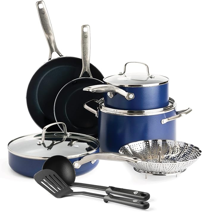Blue Diamond 11 Piece Cookware Set Diamond Infused PFAS &amp PFOA-Free Ceramic Nonstick Pots and Pans Durable Nontoxic Metal Utensil Safe &amp Scratch Resistant Dishwasher &amp Oven Safe Blue