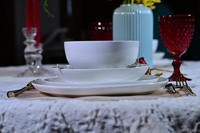 Lily Bone China Dinnerware Set 16 Pieces Service for 4 White Plates Dishes Bowls Set Microwave and Dishwasher Safe