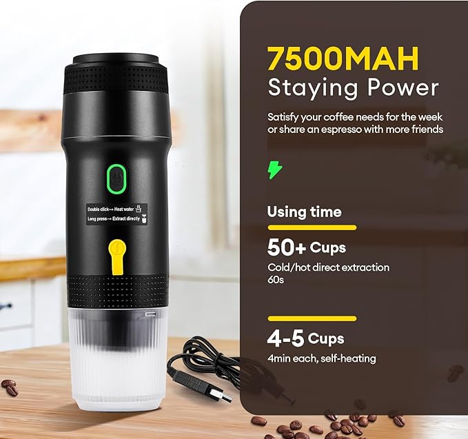 3 In 1 Portable Coffee Maker for Travel:20 Bar Portable Espresso Machine-Travel Coffee Maker Self HeatingCompatible with Ground Coffee &amp Capsule for HikingOfficeRV（Upgrade）