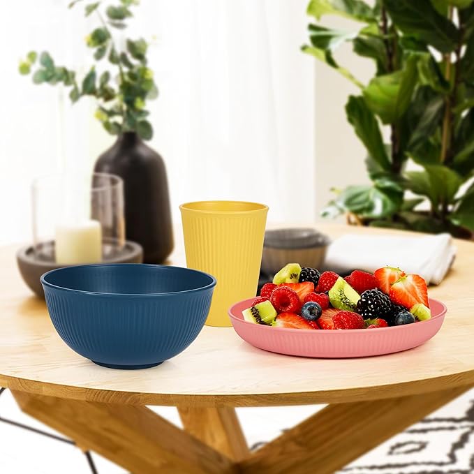 18PCS Wheat Straw Dinnerware Sets for 6 Unbreakable Dinnerware SetsDishwasher &amp Microwave Safe Reusable Wheat Straw Plates Bowl Set and Cup Set Kitchen Outdoor Travel Camping