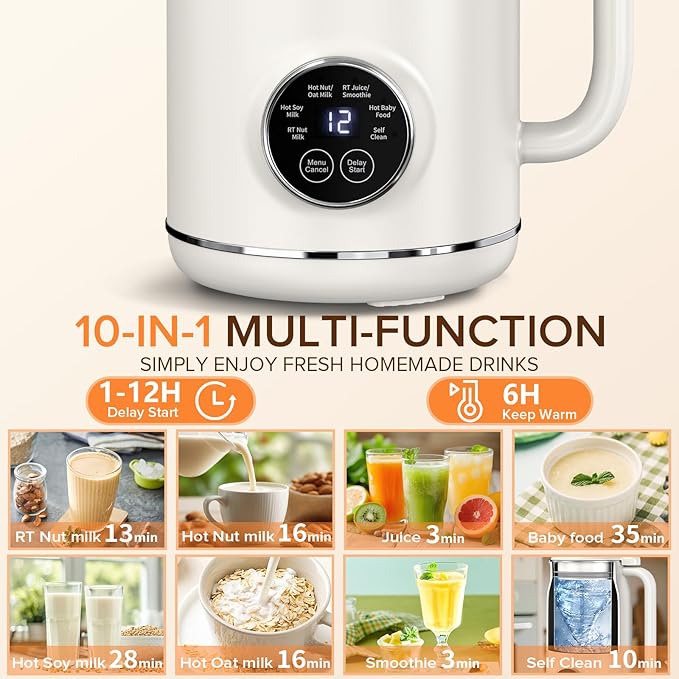 10 in 1 Nut Milk Maker Blender 20oz (600ml) Homemade Nut Milk Maker Machine Almond Soy Oat Juice Milkshake Smoothies Baby Food Plant Based Milks with Delay Start Keep Warm Selfclean