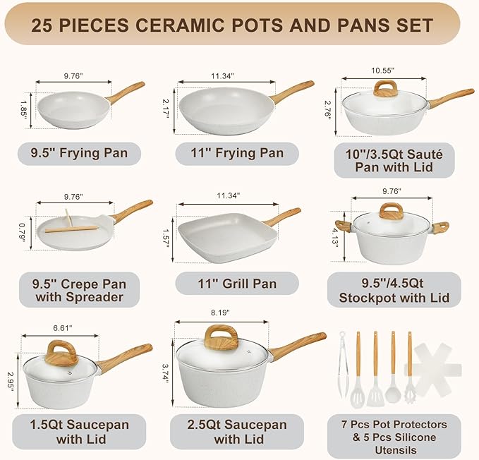 EWFEN 25 Pcs Pots and Pans Set Nonstick Ceramic Cookware Sets Healthy Non-Toxic Large Capacity Induction Compatible Cooking Set with Frying Pans &amp Saucepans PFAS/PTFE/PFOA Free Cream White