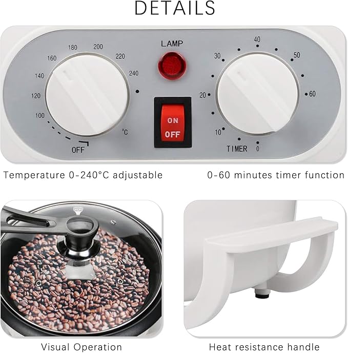 Upgrade Coffee Roaster Machine for Home Use 110V Household Electric Coffee Bean Roaster with Timer 0-240℃ Temperature Adjust