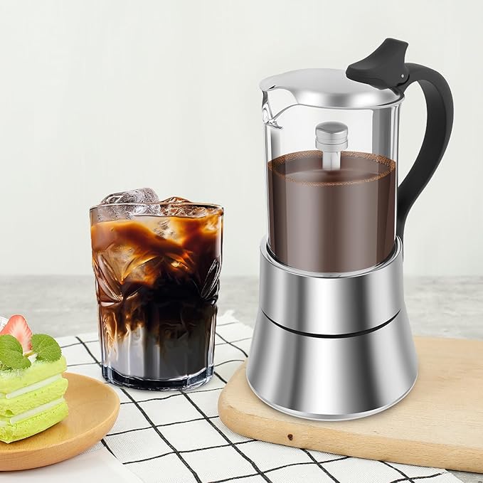 Stovetop Espresso Maker Stovetop Coffee Makers 120ml/4oz Induction Moka Pot Clear Glass Top Stainless Steel Portable Stovetop Espresso and Coffee Maker for Coffee Home