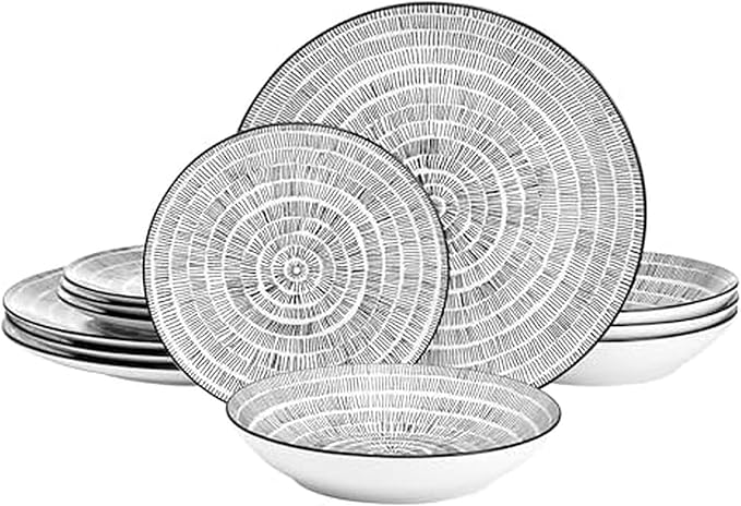 Pfaltzgraff Sketch Serenade Geometric 12 Piece Plates Bowls Dinnerware Set Black and White