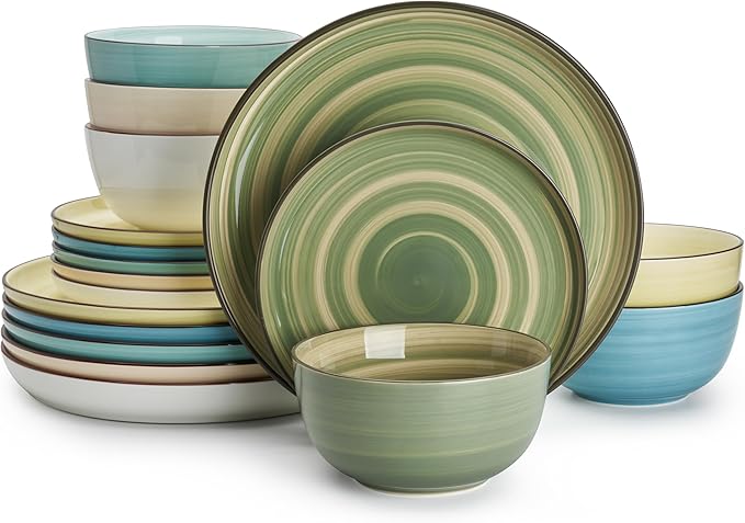 Sweese Plates and Bowls Sets 18 Piece Dinnerware Set Porcelain Round Dinner Set for 6 Scratch Resistant Dishes Set Dishwasher and Oven Microwave Safe Handpainted Swirl Dishware Sets Assorted Green