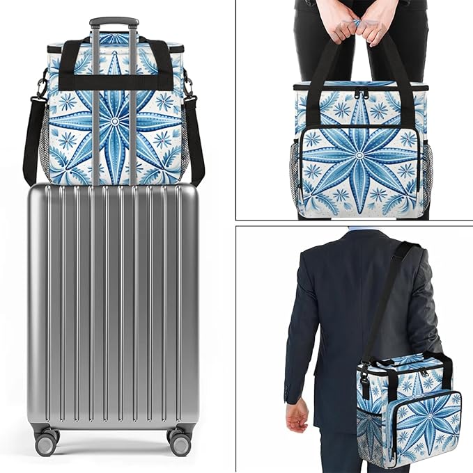 Blue Flowers Style Coffee Maker Travel Bag for Keurig K-Mini/K-Mini Plus Insulated Waterproof Tote with Pockets for K-Cup Portable Single-Serve Brewer Case