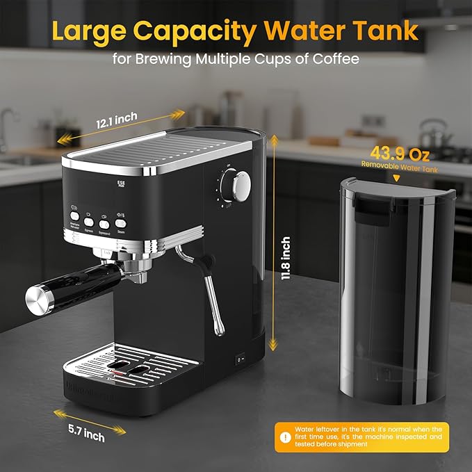 Espresso Machine 20 Bar Temperature Time LED Display Espresso Maker with Adjustable Extraction Temperature Stainless Steel Coffee Machine with Powerful Steam Wand for Cappuccino LatteBlack