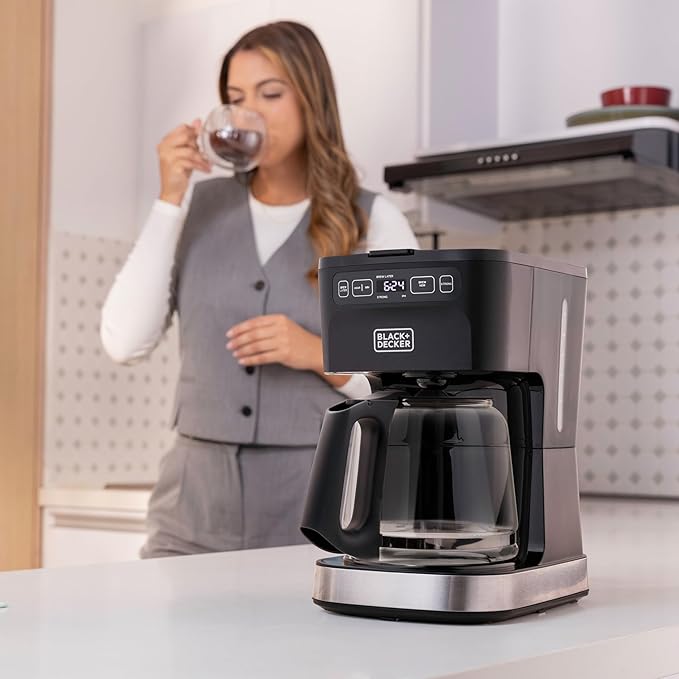 BLACK+DECKER CAFÉCRAFT 12-Cup Programmable Coffee Maker Stainless Steel Drip Coffeemaker with Vortex Showerhead Strength Selector Sneak-A-Cup Keep Warm