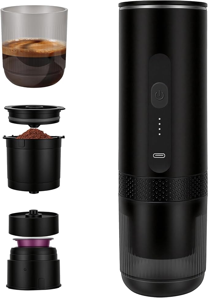 Portable Electric Coffee Maker Espresso Machine Car Coffee Maker for Travel Self-Heating with USB-C Battery Powered with 7800mAh for Ground Coffee &amp NS Capsule for RV Hiking OfficeGifts for