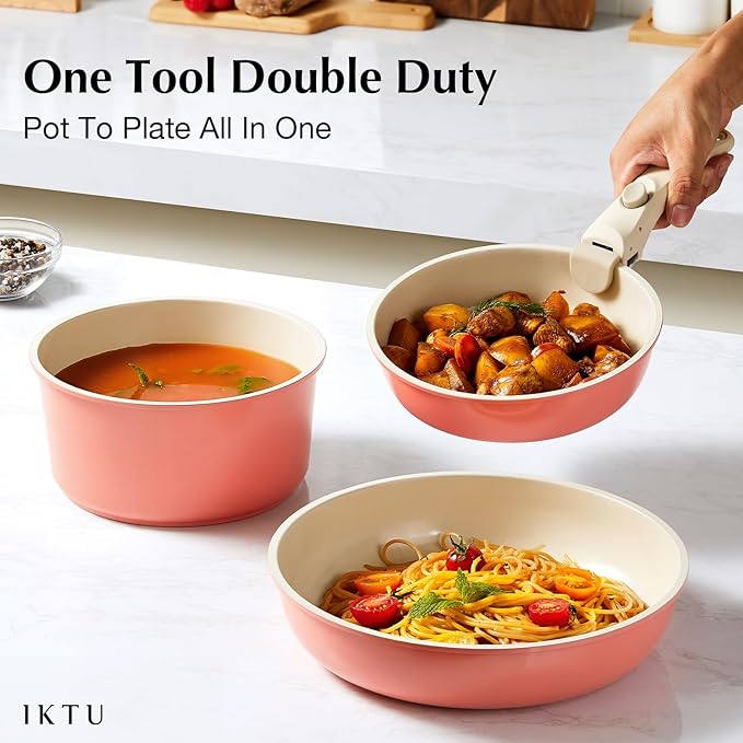 IKTU Ceramic Pots and Pans Set Non Stick Pink 8 Pcs Nonstick Cookware Set with Detachable Handle RV Camping Induction Kitchen Cookware Set Non Stick PFAS PFOA &amp PTFE Free