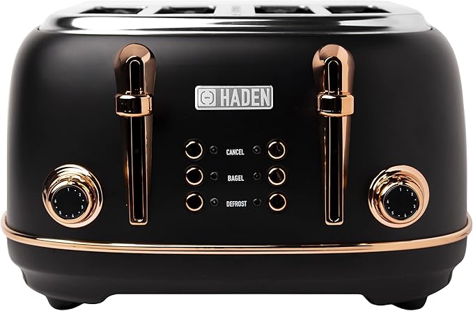 HADEN Heritage 4-Slice Toaster with Extra Wide Slots 1500-Watt Black &amp Copper - Retro Stainless Steel Design with Self-Centering Function Adjustable Browning Control &amp Removable Crumb Tray