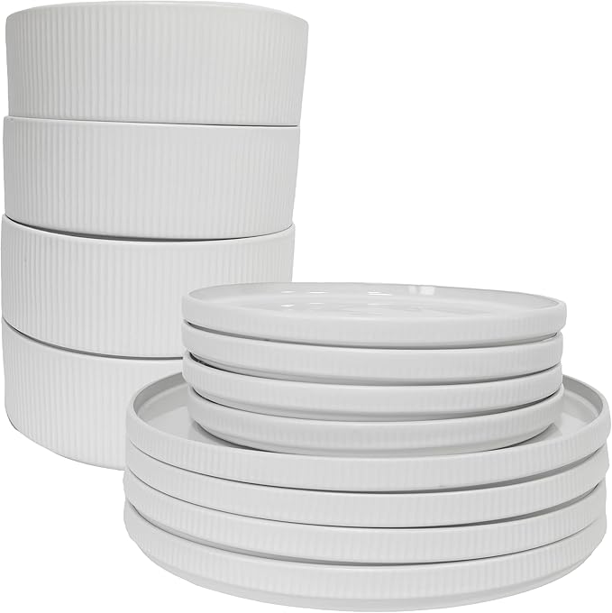 Dinnerware Sets 12 Pcs Ceramic Plates and Bowls Set for 4Stoneware Chip and Scratch Resistant Dish Set Microwave &amp Oven &amp Dishwasher Safe - Matte White
