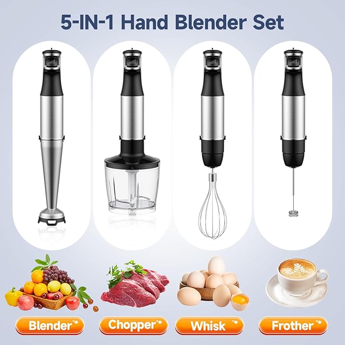 hadlook Immersion Blender with Chopper Whisk and Frother - Handheld 5-in-1 Immersion Blender 1100W for Soup Baby Food and Smoothies