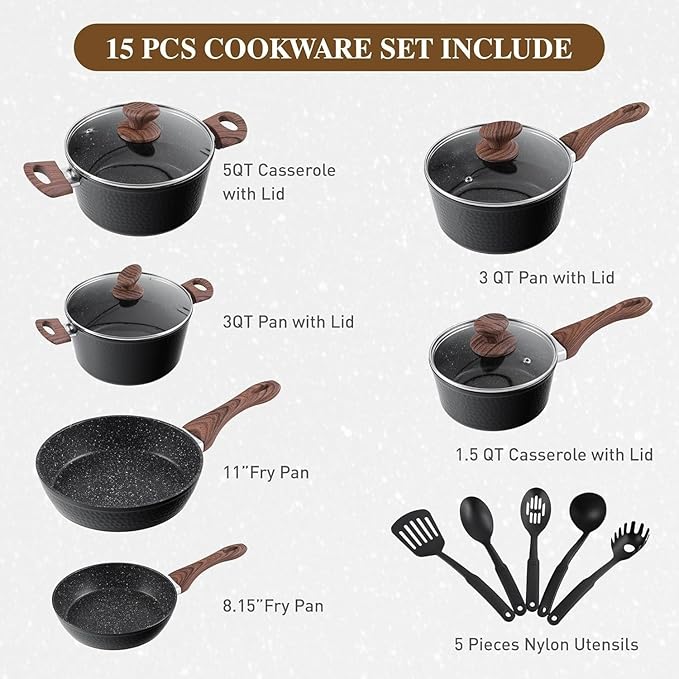 Pots and Pans Set Non Stick 15 Pcs Non-Toxic Hammered Kitchen Cookware Sets Black Granite Cooking Pot and Pan for Induction Stovetop