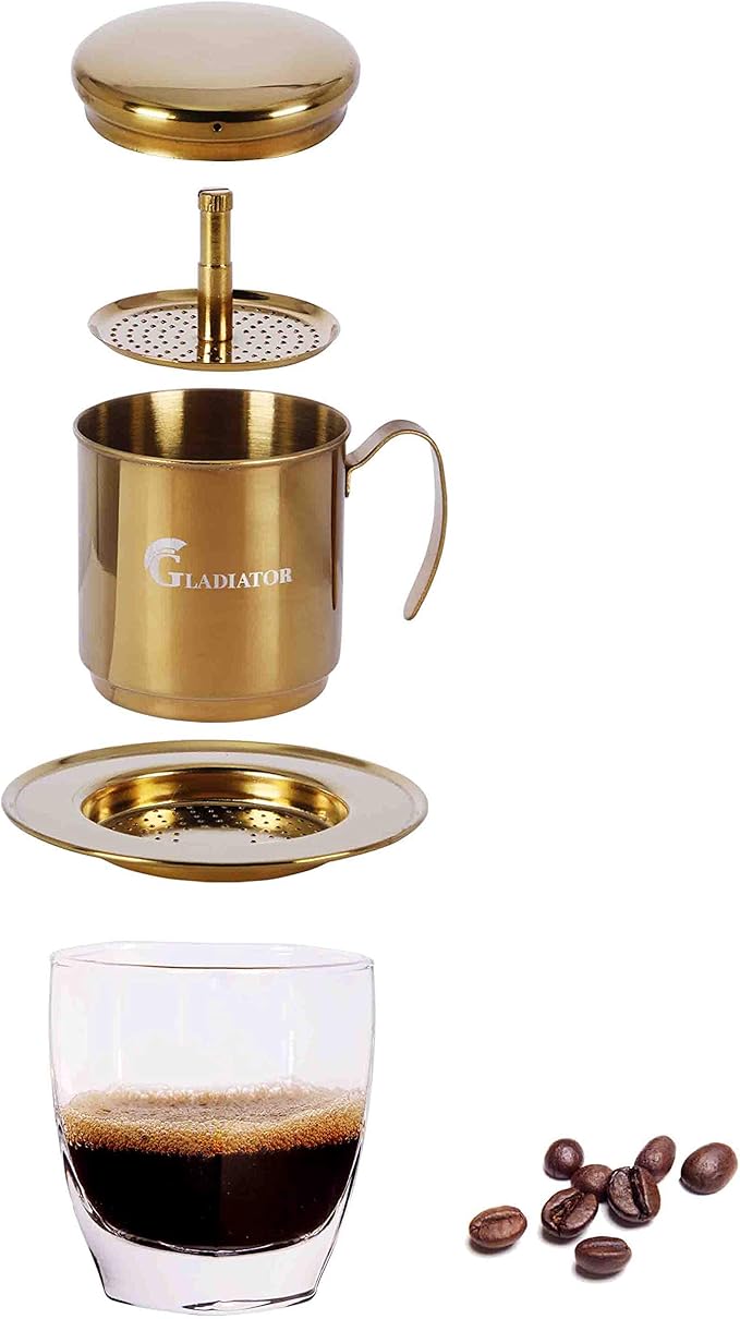 Vietnamese Coffee Maker Filter Phin Small French Press Portable Cup Single Serve Coffee Makers Gift for coffee lovers (Gold 1)