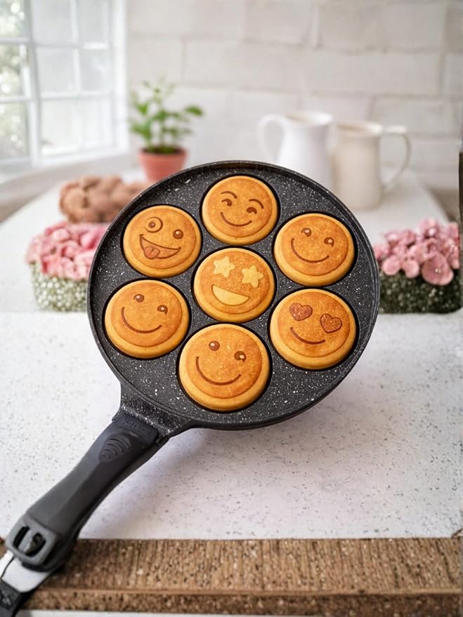 7-Piece Nonstick Granite Cast Iron Emoji Waffle and Pancake Pan Set