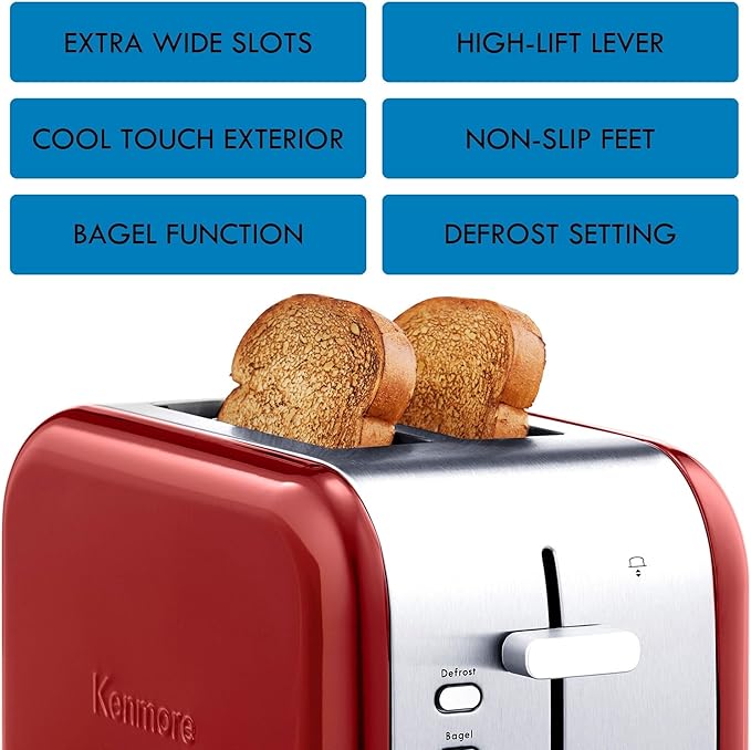 Kenmore 2 Slice Toaster Stainless Steel with Bagel Cancel Defrost Function and Extra Wide Slots Toasters Removable Crumb Tray Red