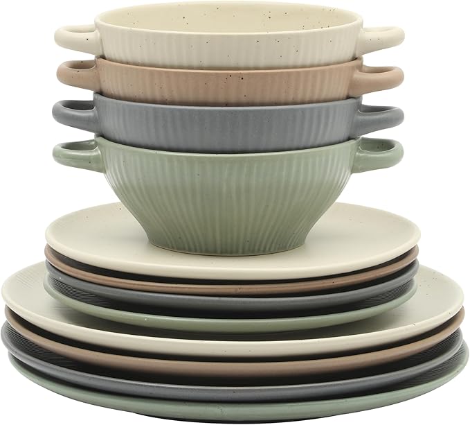 Gibson Elite Clover Hill 12-Piece Stoneware Dinnerware Set – Assorted Colors in Sage Green Charcoal Taupe &amp Cream – Embossed Reactive Glaze Plates &amp Bowls Microwave &amp Dishwasher Safe S
