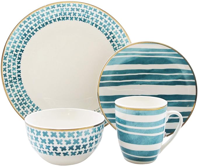 Delice Casual Round Dinnerware Set – 16-Piece Porcelain Dinner Party Collection w/ 4 Dinner Plates 4 Salad Plates 4 Bowls &amp 4 Mugs – Unique Gift Idea for Any Special Occasion or Birthday Green