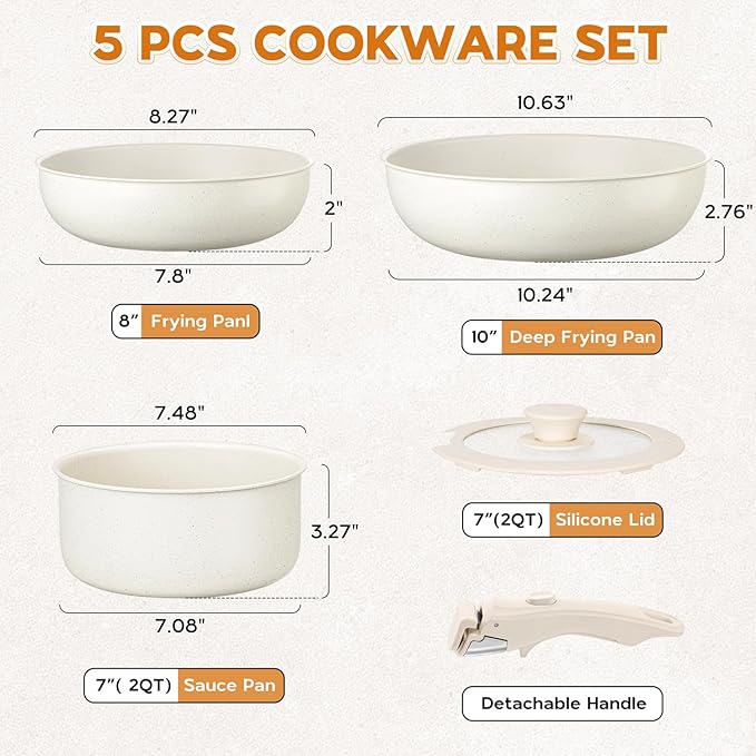 Walchoice 5Pcs Pots and Pans Set Granite Nonstick Cookware Set with Detachable Handle Stackable Kitchen Cooking Set with Saucepan Frying Pans Induction Compatible &amp Oven Safe - Cream White