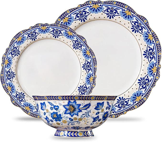 ACMLIFE Bone China Tea Set &amp Dinnerware Set for 4 Vintage Floral Design Blue and White