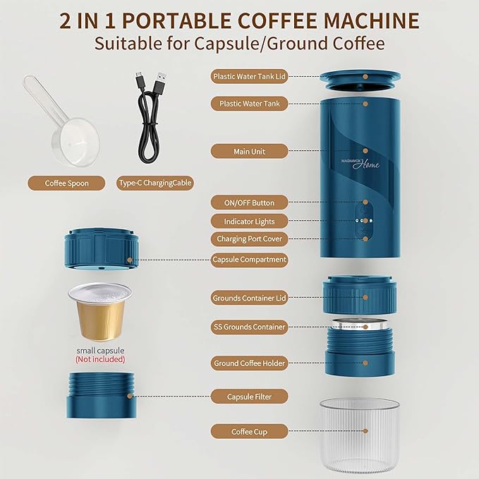 Magnavox HOME Portable Espresso Coffee Maker (Grounds or Pods) with Fast Brew Technology &amp Single Touch Control Ideal for Offices or Travel