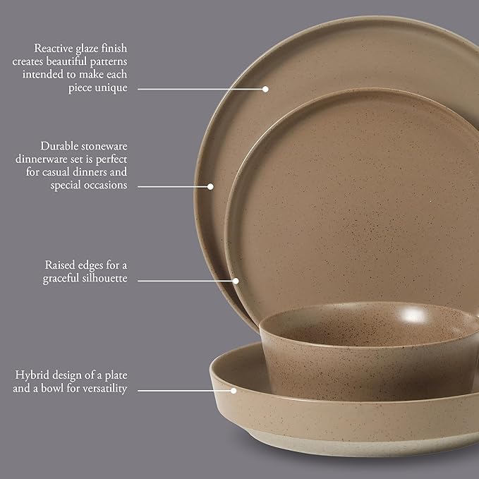 Gibson Elite Overbrook 16-Piece Pottery Clay Stoneware Dinnerware Set – Terraccotta Brown Reactive Glaze Stackable Plates and Bowls w/Pasta Bowl Service for 4 – Microwave &amp Dishwasher Safe