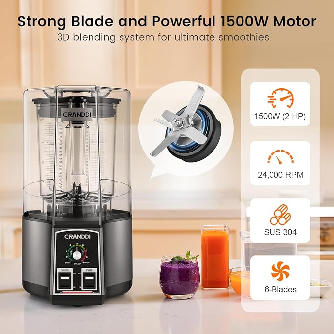 CRANDDI Commercial commercial blender - 80oz Blender with Tamper and Removable Soundproof Cover Quiet Blenders for Smoothies Countertop Blenders for Ice Crushing Blending 1500W K85 (Gray)
