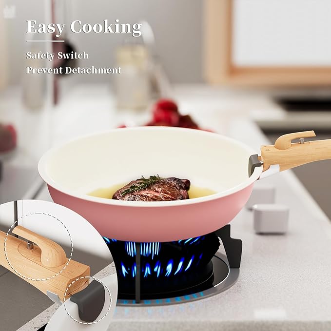 ShanSon 6 Pieces Kitchen Non-Stick Cookware Sets with Removable Handle Stackable Pots and Pans Set Nonstick for Induction Gas RVs Camping Space SavingPink