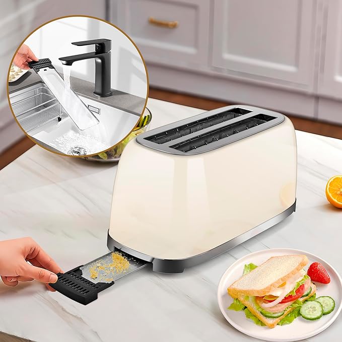 SUSTEAS Toaster 4 Slice Wide Slot Stainless Steel Bread Bagel Toasters Retro Long Slot Tostadora for Defrost Reheat Removable Crumb Tray 1500W 6 Browning Settings Beige