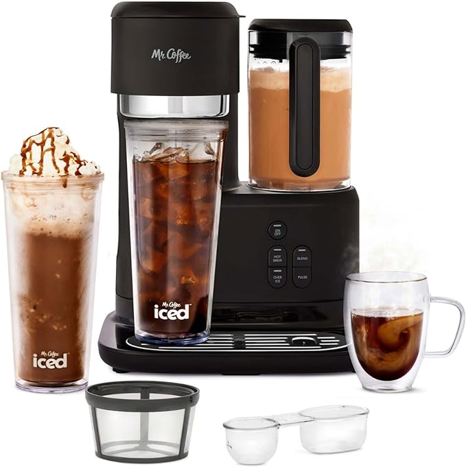 Mr. Coffee 3-in-1 Single-Serve Iced and Hot Coffee/Tea Maker with Blender with Reusable Filter Scoop Recipe Book 2 Tumblers Lids and Straws Black