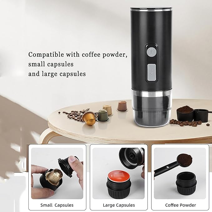 Portable Espresso Machine Travel Coffee Maker Set with 12/24V Car Heating Function Compatible with Small/Large Capsules and Ground Coffee for Camping Car RV Hiking Office Home